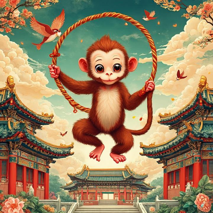 抓著绳圈，鸟伴飞旋。九重楼殿簇丹青打一生肖数字，原创解析解答